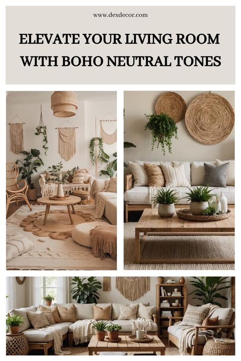 Elevate your living room with boho neutral tones featuring woven decor, plants, and cozy seating arrangements. Organic Natural Decor Living Room, Neutral Nature Aesthetic, Modern Boho Living Room Inspiration, Living Room Neutral Colors Earth Tones, Boho Beach Living Room, Industrial Boho Decor, Neutral Boho Living Room, Natural Living Room Decor, Neutral Living Room Decor