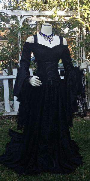 I want Witchy Prom Dress, Black Medieval Victorian Dress For Halloween, Black Gothic Medieval Dress For Cosplay, Gothic Long Sleeve Victorian Dress For Cosplay, Black Victorian Dress For Cosplay, Black Gothic Wedding Dresses, Halloween Wedding Gown, Victorian Goth Dress Corsets, Black Gothic Wedding