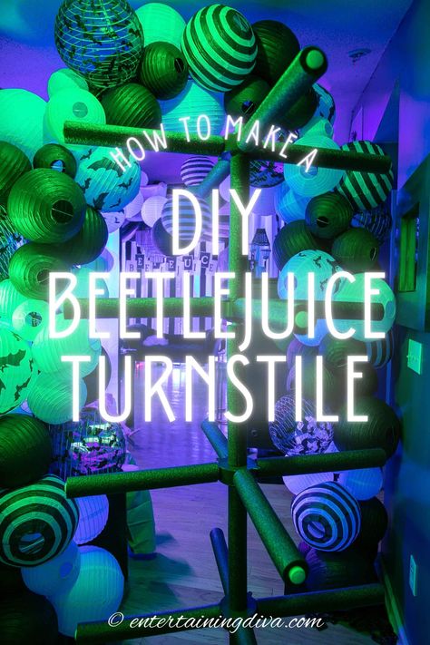 How To Make A DIY Beetlejuice Turnstile | Halloween Themed Outdoor Halloween Decorations, Diy Beetlejuice Decorations, Beetlejuice Office Decorations Diy, Beetlejuice Props Diy, Beetlejuice Room Decor, Beetlejuice Backdrop Ideas, Beetlejuice Outdoor Decorations Diy, Beetlejuice Diy Decor, Beetle Juice Decorations