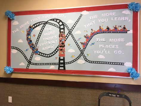 Roller Coaster Bulletin Board, Reading Night, Starting A Daycare, Ra Bulletins, Ra Bulletin Boards, Ra Ideas, Force And Motion, Family Reading, School Bulletin Boards