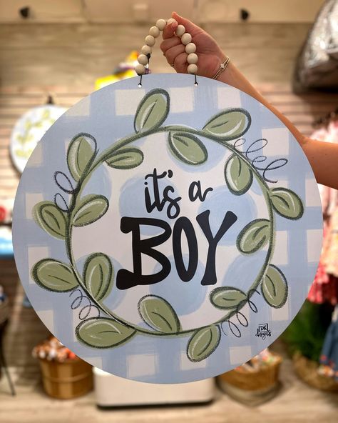 Whether you're having a boy or a girl, these door hangers are a fun and stylish way to share the exciting news with friends and family. Hang them on your front door or in the nursery to create a festive atmosphere and build anticipation for the big reveal! 🤍 💙 #genderreveal #doorhangers #baby #DKdesigns Baby Announcement Door Hanger, Boy Door Hanger, Baby Door Hangers, Baby Door, Unique Baby Shower Gifts, Unique Baby Shower, Baby's Room, Round Design, Unique Baby