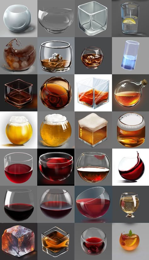 Liquid Reference Drawing, Alcohol Glass Drawing, How To Draw Wine Glasses, Glass Art Reference, How To Draw Glass Digital, How To Draw Liquid, Beer Glass Drawing, Liquid Reference, Glass Material Texture