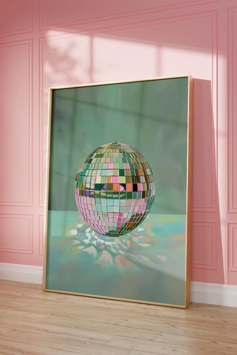 Brighten your space with this printable wall art featuring a disco ball on a soft green background. This maximalist painting, available as an instant digital download, brings a trendy dopamine decor vibe with its pastel green and pink maximalist poster design. Perfect for living room decor, it adds a preppy touch with its mirror ball motif. Green And Pink Wall Art, Living Room Decor Colorful, Pink Maximalist, Disco Ball Painting, Maximalist Painting, Dopamine Design, Trendy Living Room Decor, Disco Ball Art, Maximalist Poster