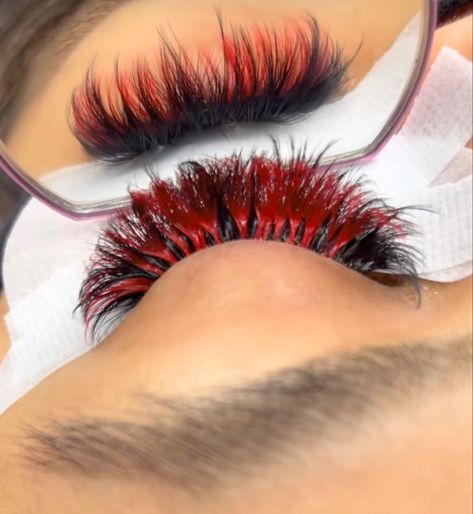 Colored Eyelash Extensions Red, Lashes With Red Color, Lash Extensions With Red, Lashes With Red, Lash Extensions With Red Color, Red Lash Extensions Styles, Lash Ideas With Color, Eyelash Extension With Color, Red And Black Lash Extensions