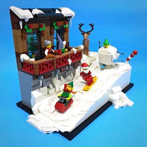 Made for a winter village contest, let's enjoy a little Christmas adventure. Check out my YouTube channel to learn more about the building processl! #lego #legochristmas #legowintervillage #legomoc #afol Lego Set Display, Lego City Display, Lego Display Ideas, Lego Christmas Village, Lego Winter Village, Easy Lego Creations, Lego Village, Lego Winter, Lego Christmas