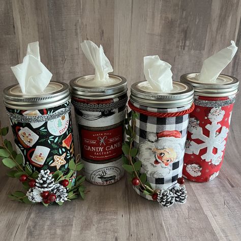 Kleenex Mason Jar Tissue Holders, How To Make Mason Jar Tissue Holders, Christmas Mason Jar Tissue Holder, Kleenex Jars Diy, Diy Mason Jar Tissue Dispenser, Mason Jar Tissue Holder Diy Christmas, Mason Jar Kleenex Dispenser Diy, Mason Jar Tissue Holder Diy Tutorial, Tissue Mason Jars