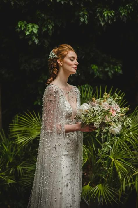 Celestial White Dress, Not Basic Wedding Dresses, Whimsical Bridal Dress, Trumpet Dress With Sleeves, Wedding Dresses Celestial, Forest Vibe Wedding Dress, Not Traditional Wedding Dress, Forest Wedding Gown, Wedding Dress Green Embroidery