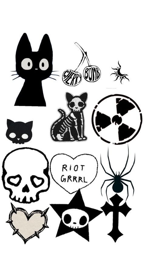 Emo Stickers Printable, Grunge Things, Goth Stickers, Mononoke Hime, Kids Notes, Diy Friendship Bracelets Tutorial, Homemade Stickers, Aesthetic Goth, Kitty Drawing