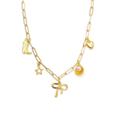 PRICES MAY VARY. 【Bow Necklace】The cutest coastal cowgirl charm necklace. Featuring a stunning bow charm at its core, a heart, pearl, cowboy boot, and star charm, this necklace is the perfect combination of coquette and dainty for an everyday look. 【Bowknot Choker Necklace Size】15.8'' in length, with 1.96'' extender chain, could be adjustable to fit for your neck, very comfortable. 【Materiale】 Made of stainless steel, very safe to wear, and it won't fade easily, 18K gold plated, very beautiful a Cute Homemade Necklaces, New York Charm Necklace, Chunky Necklace Layering, Basic Gold Jewelry, Cute Charm Necklaces, Every Jewels Necklaces, Cute Aesthetic Gifts, Chunky Charm Necklace, Charm Necklace Aesthetic