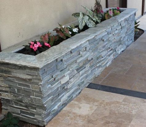 Hardscaping with Natural Stone Ledger Stone, Brick Planter, Stacked Stone Panels, Sierra Blue, Metal Garden Beds, Stone Planter, Modern Backyard Landscaping, Stone Planters, Stone Panels