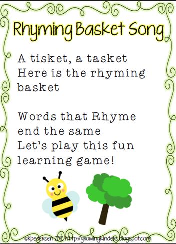 "Rhyming Basket" Song & Lakeshore Learning Vowel Teaching Tubs Preschool Word Of The Day, Rhyming Basket For Preschool, Preschool Phonological Awareness Activities, Rhyming Games For Preschoolers, Rhythm And Rhyme Activities, Rhyming Songs Preschool, Phonemic Awareness Songs, Rhyming Words Preschool Activities, Kindergarten Phonemic Awareness Activity