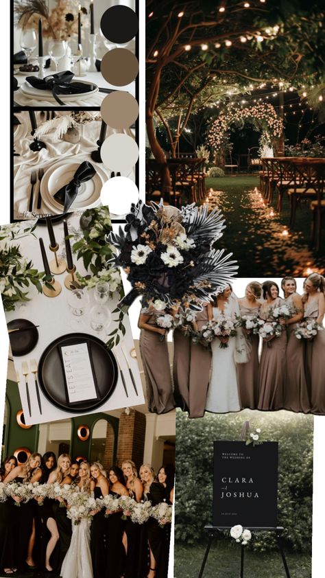 Rustic Chic Wedding Colors, Black Wedding Palette Colour Schemes, Black Brown Wedding Color Schemes, Black Tie Wedding Ideas Decor, Wedding Color With Black, Neutral And Black Wedding Colors, Black Grey And Gold Wedding Theme, Wedding Brown And Green, Wedding Color Palette Classic