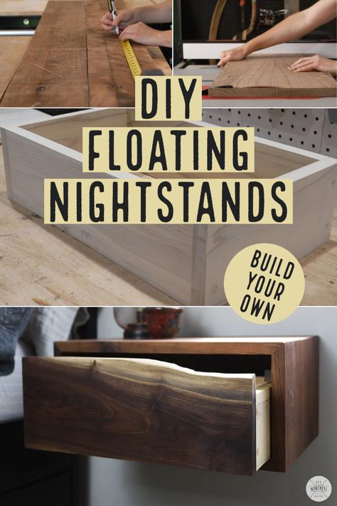 Live Edge Floating Nightstand, Diy Floating Nightstand With Drawer, Diy Floating Nightstand Bedside Tables, Nightstands For Small Spaces, Live Edge Nightstand, Floating Bedside Table Diy, Diy Bedside Table Ideas, Diy Floating Nightstand, Floating Nightstand Diy