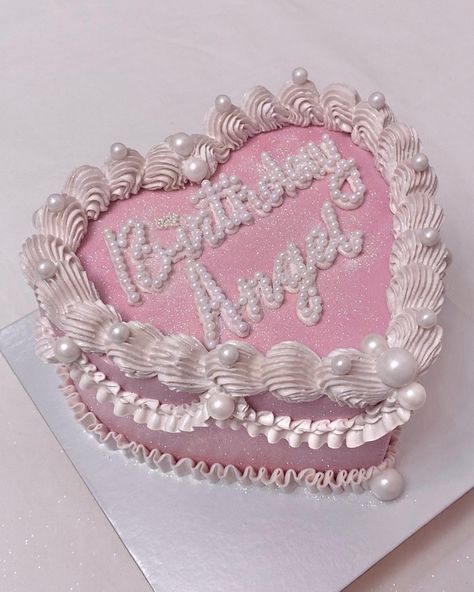 Heart Shaped Pearl Cake, Pink Heart Cake With Pearls, Angel Birthday Cake, Pink Glitter Heart Cake, Pink Vintage Heart Cake, Pink Heart Shaped Vintage Cake, Shaped Birthday Cake, Heart Shaped Birthday Cake, Heart Cake Design