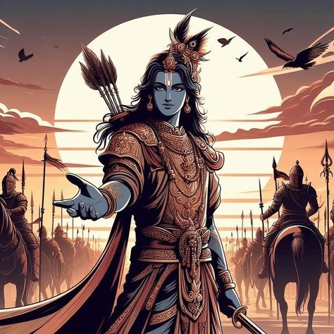 Krishna As Warrior, Krishna Warrior Wallpaper, Indian Gods And Goddesses, Vishwaroop Krishna Mahabharat, Krishna Arjun Images, Krishna Warrior, Arjun And Krishna, Hindu Gods Art, Arjun Krishna