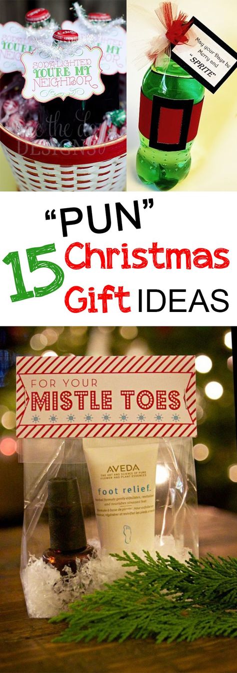 Who doesn't love a good pun? These easy Christmas ideas for your friends and neighbors will be sure to crack a smile! Christmas Food Puns Gift Ideas, Pun Christmas Gift Ideas, Pun Christmas Gifts, Christmas Gift Puns, Christmas Gift Ideas For Kids, Punny Gifts, Christmas Puns, Lights Diy, Gift Ideas For Kids