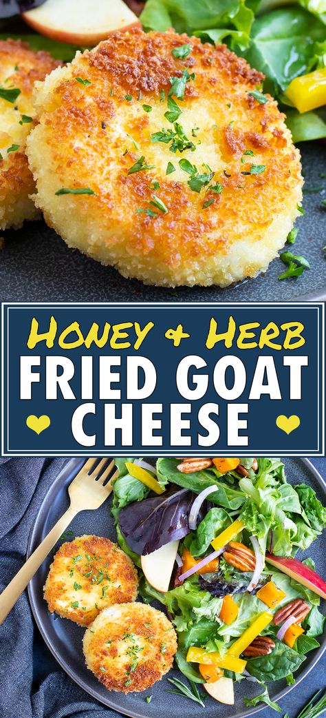 Fried Goat Cheese is full of fresh herbs and honey, coated in a Panko breadcrumb crust, and then lightly pan-seared to crispy golden perfection.  Serve this gluten-free and healthy fried goat cheese recipe on top of your favorite salad or as an appetizer for a party! #goatcheese #appetizer #partyfood #fingerfood #vegetarian #dinner Crispy Goat Cheese Salad, Deep Fried Goat Cheese Balls, Fried Goat Cheese Bites, Pan Fried Goat Cheese, Fried Goat Cheese With Hot Honey, Goat Cheese With Honey, Cheese With Honey, Recipe With Honey, Simple Snacks