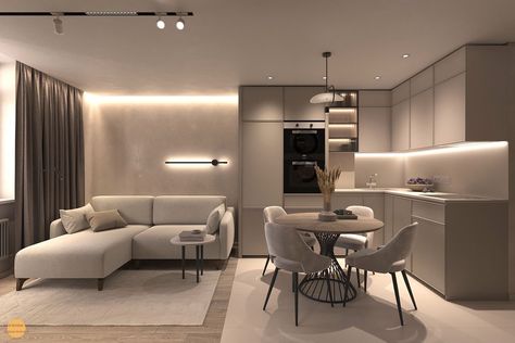 White Interior Design Small Apartment, Appartment Interiors Modern, Modern Small Apartment Design Ideas, Small Kitchen Apartment Design, Interior Appartement Design, Tiny Luxury Kitchen, Interior Design For Small Apartments, Small Living And Kitchen Room Ideas, Small Modern Kitchen Ideas Apartments