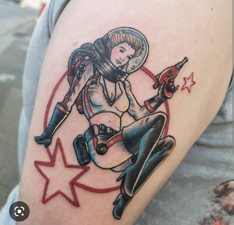 Fallout Pinup Tattoo, Fallout Tattoo Flash, Fallout 4 Tattoos, Elder Scrolls Tattoo, Fallout Tattoo, Pin Up Tattoos, Cover Up Tattoo, Fallout 4, Elder Scrolls