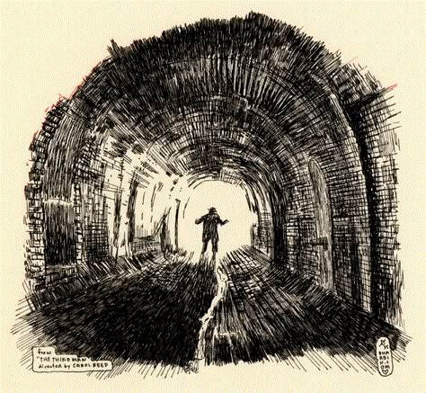 Carol Reed's Vision of Vienna's Tunnels  in a Sketch Tunnel Vision Tattoo, Tunnel Sketch, Charcoal Animation, Explorer Tattoo, Tunnel Drawing, Tunnel Illustration, Haymitch Abernathy, Abstract Sketches, Art Tools Drawing