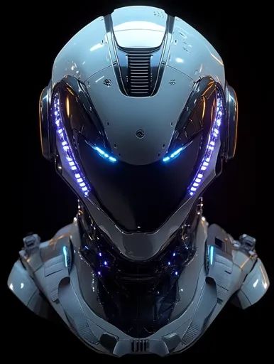 ↑↑↑ Larger size on website 🔸 The image shows a futuristic robot's head, clad in a sleek, white helmet with black accents. The hel Robot Head Design, Robot Head, White Helmet, Futuristic Robot, Blue Lights, Head Design, Futuristic Design, Dark Background, Black Accents