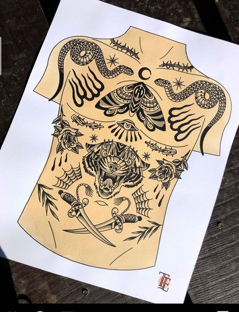 Traditional Torso Tattoos, American Traditional Chest Piece, Traditional Tattoo Torso, Traditional Tattoo Back Piece, Traditional Tattoo Leg Sleeve, Black Flash Tattoos, Traditional Chest Tattoo, Small Traditional Tattoo, Traditional Tattoo Black And White