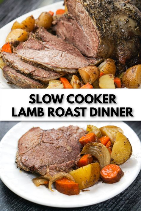 white platter and plate with sliced roast lamb and vegetables with text Lamb Roast Crock Pot Recipes, Slow Cook Lamb Roast, Lamb In The Slow Cooker, Lamb Leg Boneless Roast Recipe, Lamb Shoulder Roast Slow Cooker, Lamb Loin Roast, Crock Pot Leg Of Lamb, Lamb Roast Recipes Slow Cooker Crock Pot, Crock Pot Lamb Roast