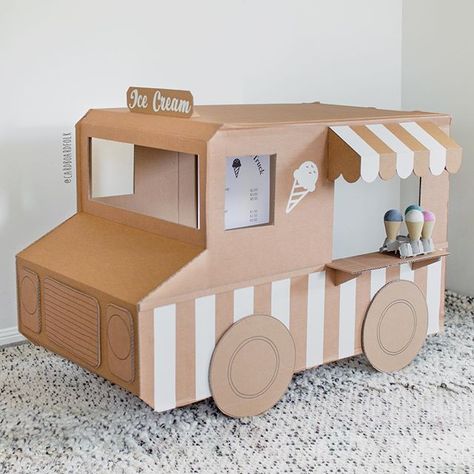 Kathryn (@cardboardfolk) • Instagram photos and videos Diy Ice Cream Truck Cardboard Boxes, Ice Cream Truck Cardboard, Cardboard Ice Cream, Cartonnage Boxes, Toys Template, Cardboard Box Car, Diy Cardboard Toys, Cardboard Play, Cardboard Crafts Kids