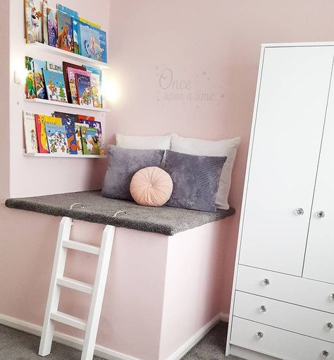 Sarah💕 on Instagram: “A throw back to my favourite area in my last house, my daughter's reading corner! We've moved house since then but so many people still…” Bed Over Stair Box Room, Stair Box Ideas, Box Room Nursery, Emma Nursery, Stair Box In Bedroom, Bulkhead Ideas, Bulkhead Bedroom, Stairs Bulkhead, Box Room Bedroom Ideas