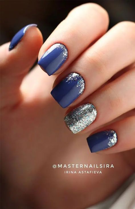 45+ Stunning Navy Blue Nails To Try Right Now | Navy Blue Nail Designs Dark Gel Polish Nail Designs, Navy Elegant Nails, Royal Blue Trendy Nails, Royal Blue Nails Elegant, Navy And Sparkle Nails, Navy Nail Polish Ideas, Wedding Nails Bridesmaid Navy Blue, Silver Wedding Nails Bridesmaid, Navy Nails For Wedding