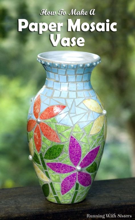 Mosaic Paper, Altered Objects, Broken Glass Crafts, Easy Mosaic, Mosaic Art Diy, Paper Mosaic, Mosaic Vase, Mosaic Art Projects, Vase Crafts