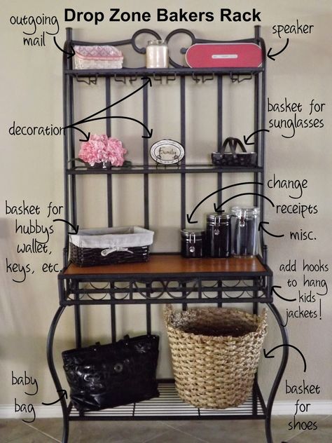 Using a Bakers Rack as a "Drop Zone." Way more functional than one that just holds decorations, but still attractive! Mudroom Drop Zone, Bakers Rack Decorating, Drop Zone Ideas, Bakers Rack Kitchen, Living Pool, Shabby Chic Design, Etsy Home, Bakers Rack, Drop Zone