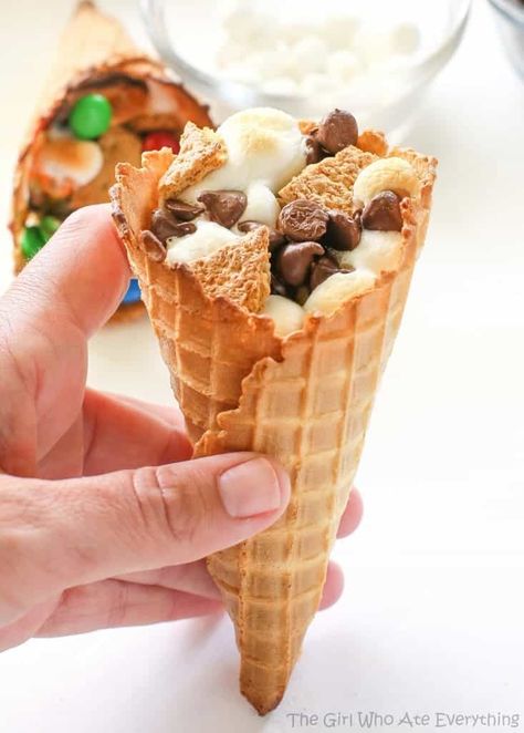 Campfire Cones Recipe, Campfire Cones, Tin Foil Dinners, Graham Cookies, Foil Dinners, Camping Desserts, Chocolate Pastry, Tater Tots, Ice Cream Cones