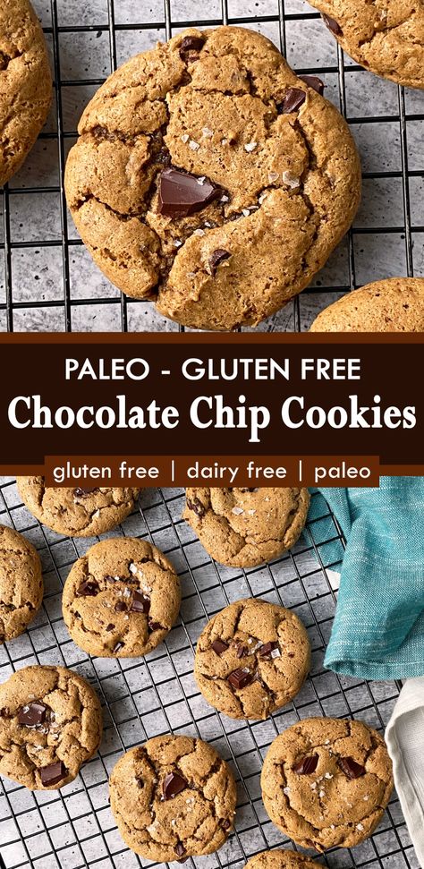 These almond butter chocolate chip cookies are flourless, gluten free, dairy free and paleo friendly. They are made with almond butter and sweetened with coconut sugar. This is such an easy cookie recipe and they taste amazing! #chocolatechipcookies #almondbutter #paleocookies #grainfree Chewy Chocolate Chip Cookies Recipe, Paleo Chocolate Chip Cookies, Paleo Snack, Best Gluten Free Desserts, Grain Free Desserts, Almond Butter Cookies, Paleo Cookies, Paleo Recipes Dessert, Gluten Free Chocolate Chip Cookies