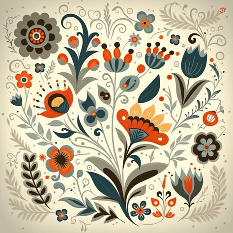 Flower Folk Art, Scandinavian Folk Flowers, Folk Pattern, Folk Art Patterns, Floral Illustration Art, Folk Illustration, Arte Folk, Folk Design, Folk Art Flowers