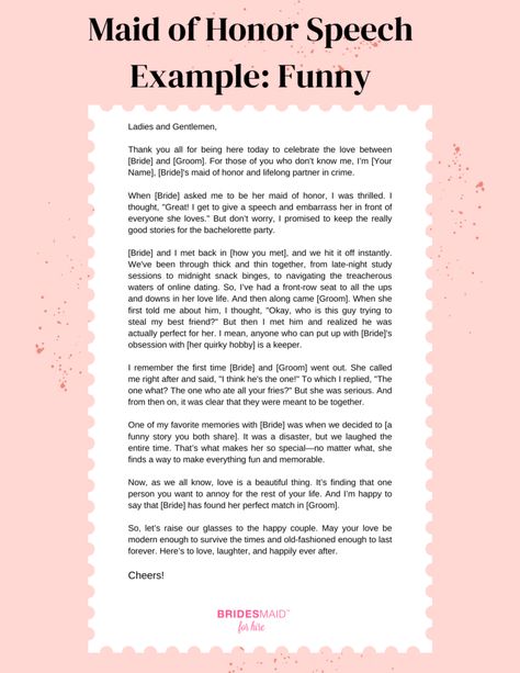 How to Write a Funny Maid of Honor Speech in 2024 Made Of Honor Speech Funny, Maid Of Honor Speech For Aunt, Wedding Maid Of Honor Speech, Maid Of Honor Speech Ideas For Sister, How To Write A Wedding Speech, How To Start A Maid Of Honor Speech, Letter To Bride From Maid Of Honor, Maid Of Honor Speech Cousin, Sister Maid Of Honor Speech Funny