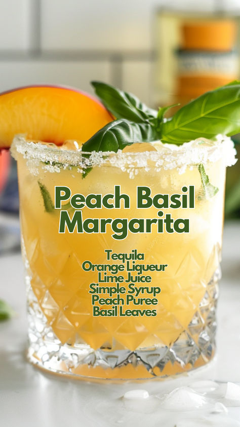 Peach Basil Margarita Easy Martini, Margarita Flavors, Lime Cocktails, Basil Drinks, Basil Margarita, Peach Basil, Cocktail Cards, Peach Margarita, Flavored Margaritas