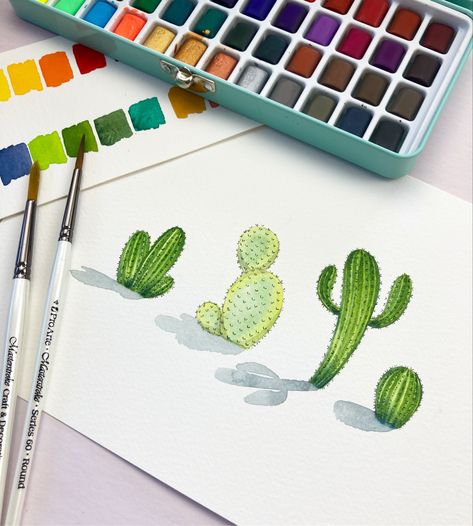 Cacti Drawing, How To Draw Cactus, Watercolor Cactus Paintings, Cactus Watercolor, Cactus Watercolor Easy, Watercolour Cactus Easy, Cactus Flower Watercolor, Cacti Watercolor Painting, Bujo Cactus Theme