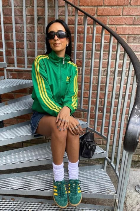 Green And Yellow Samba, Adidas Samba Green Yellow, Colored Adidas Outfit, Track Top Outfits, Green And Yellow Adidas, Adidas Spezial Green And Yellow, Green Adidas Jacket Outfit, Adidas Track Top Outfit, Adidas Samba Yellow