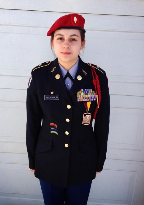 Class A uniform in JROTC at TWHS Jrotc Uniform High Schools Female, Jrotc Uniform, Woman Uniform, Army Dress Uniform, Military Female, Military Uniform Female, Military Girls Female Soldier, Alpha Girl, Military Woman Army Female Soldier