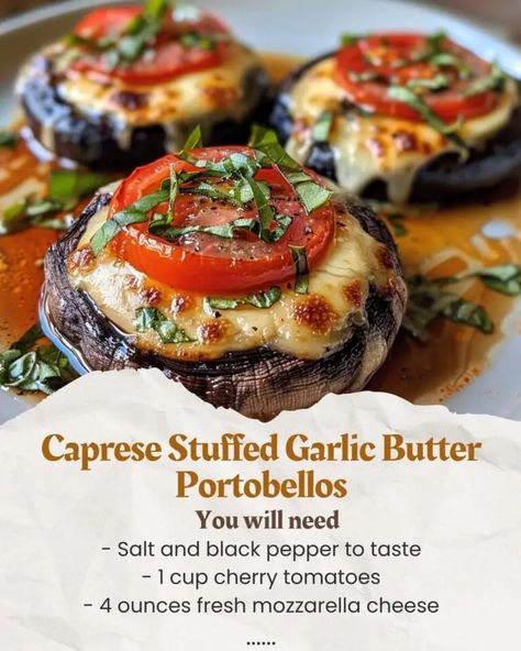 Caprese Stuffed Garlic Butter Portobellos - Luscious Recipes Mushrooms Portobello, Recipe Ingredients, Portobello Mushroom Recipes, Fresh Mozzarella, Mushroom Stuffed, Filling Recipes, Low Carb Veggies, Portobello, Lemon Rice