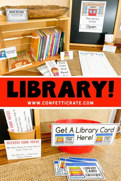 Library Dramatic Play, Makers Space, Preschool Library, Play Printables, Dramatic Play Printables, Library Center, Role Play Areas, Library Themes, Dramatic Play Preschool