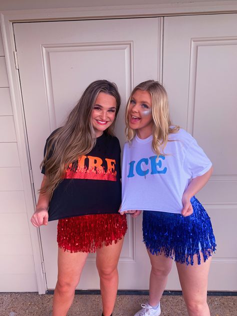 Fire N Ice Costume, Duo Days Spirit Week, Hot And Ice Halloween Costumes, Fire And Ice Halloween Costume Duo, Fire Vs Ice Costume, Spicy And Icy Costume, Ice And Hot Costumes, Fore And Ice Halloween Costumes, Fire And Ice Outfit Ideas