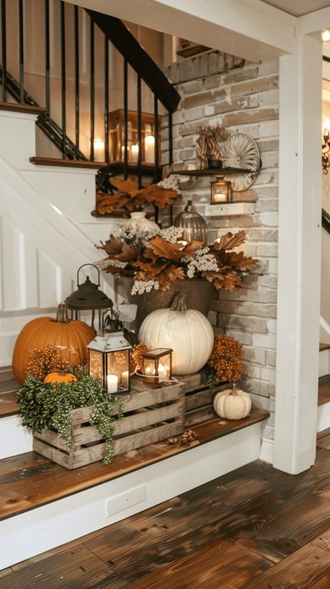 35+ Fall Living Room Decor Ideas Wooden Crates Fall Decor, Fall Decor For Ledge, Outside Autumn Decorations, Fall Archway Decor Indoor, Fall Interior Decor Living Rooms, Autumn Decoration Ideas, Fall Banister Decor, Fall Display Ideas, Fall Porch Decorating Ideas Front Doors