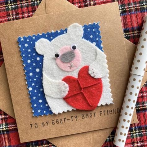 Felt Cards Handmade, Christmas Card For Best Friend, Bear Christmas Cards, Polar Bear Christmas Cards, Felt Cards, Christmas Cards Diy, Bear Christmas Card, Holiday Cards Handmade, Housewarming Card