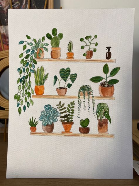 Easy Plant Watercolor Paintings, Easy Acrylic Plant Painting Ideas, Simple Plant Sketch, Potted Plant Watercolor, Watercolour Plants Simple, Watercolor Plant Paintings, Watercolor Plants Simple, Plant Painting Ideas, Plant Watercolor