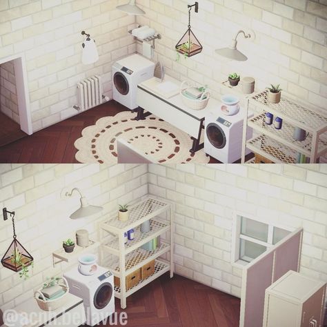 Acnh Laundry Room, Laundry Area Acnh, Laundry Animal Crossing, Acnh Cute Basement, Acnh Bathroom Laundry Room, Acnh Main Room Kitchen, Laundry Room, Animal Crossing, Loft Bed