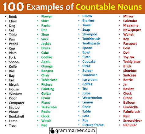 100 Examples of Countable Nouns Countable Nouns, Cars Cupcakes, Bicycle Pictures, Flower Mirror, Bowl Cake, Painted Jars, 100 Words, Doll Cake, Pillows Flowers