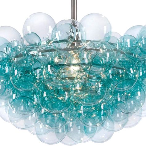 Bubbles Chandelier, Beach House Tour, Glass Globe Chandelier, Dream Beach Houses, Bubble Chandelier, Bowl Pendant, Aqua Glass, Glass Globes, Kitchen Entryway