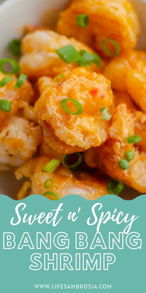 A Bonefish Grill copycat, this Sweet n' Spicy Bang Bang Shrimp is great for an appetizer or main dish. With crispy coated shrimp and a creamy chili sauce, this will be a hit with the whole family. Visit www.lifesambrosia.com to print the full recipe. Pow Wow Shrimp Recipe, Bambam Shrimp Recipe, Ruth Chris Spicy Shrimp Recipe, Shrimp Glaze Sauces, Dragon Shrimp Recipe, Bam Bam Shrimp Recipe, Sweet Thai Chili Shrimp, Bam Bam Shrimp, Coated Shrimp